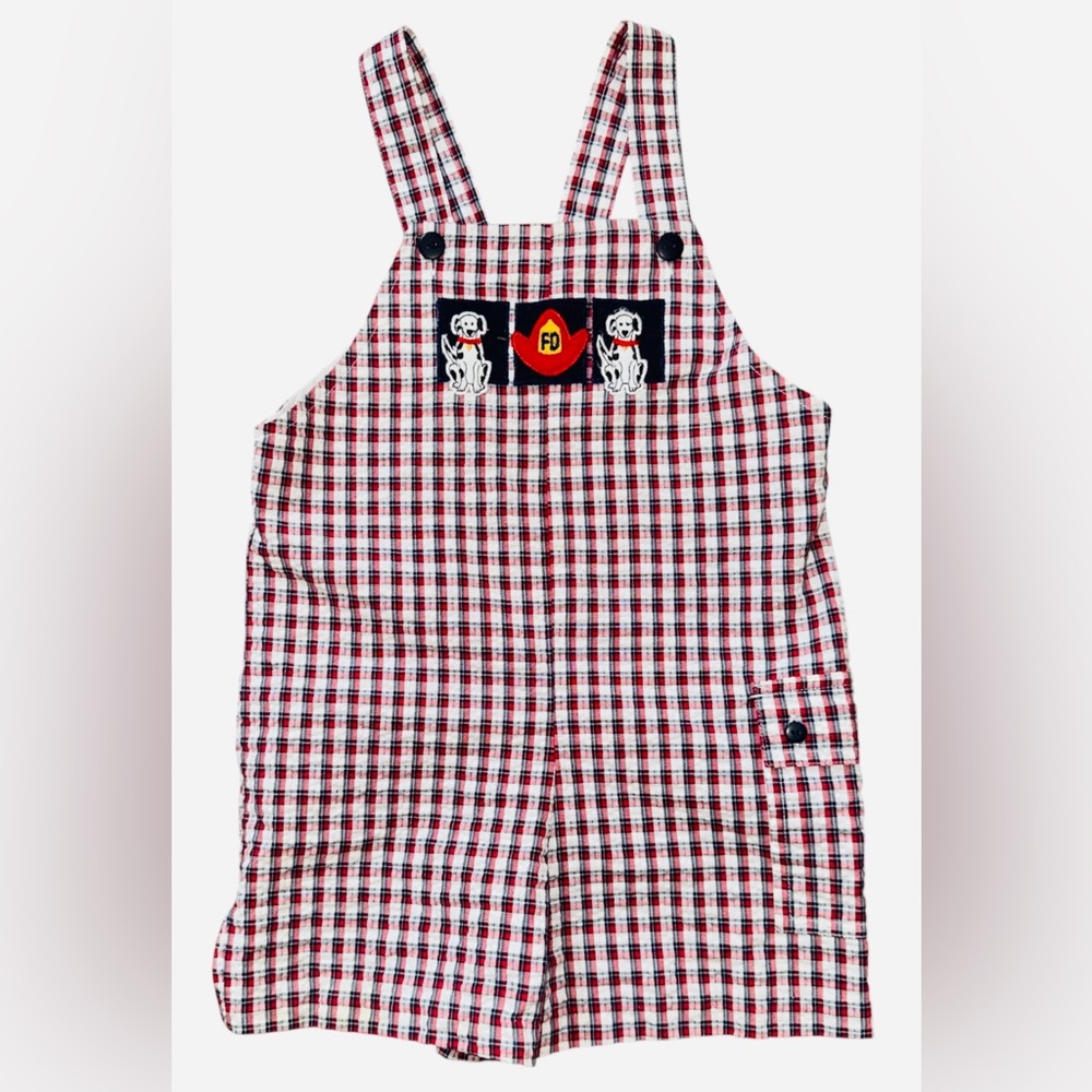 Vintage MAGIC MOMENTS 4T Red Blue Check Shortalls Romper Fire Department Dog
